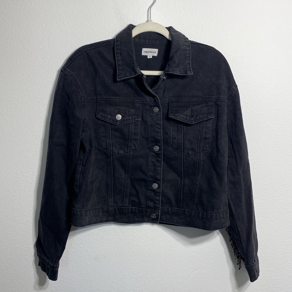 Superdown Raya Rhinestone Fringe Jacket in Washed Black - Picture 3 of 7